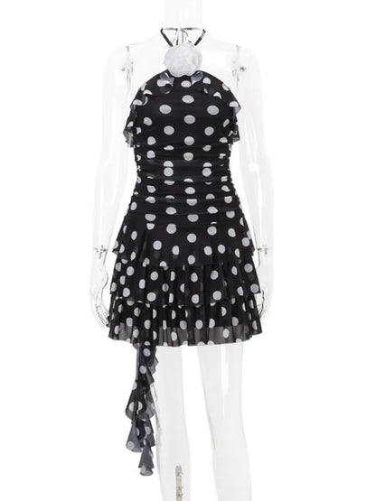 jinran Wave Point Print Sexy Mini Dress For Women Robe Halter Sleeveless Backless A-line Ruched Bodycon Dress Elegant New