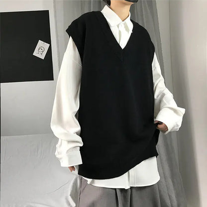 Spring New Korean Fashion Men Pullover Oversized Sweater Vest Male Loose Casual Harajuku Waistcoat Knit Vest for Men