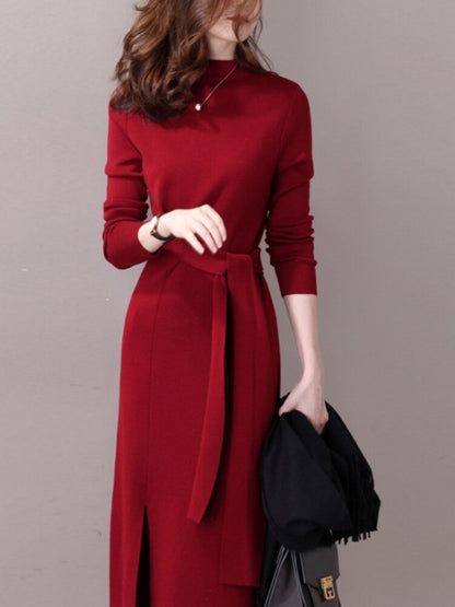 jinran Half-necked Knitted Dress Women's Autumn Winter New Strap Temperament Split Base Sweater Skirt Dress for Women Sweaters Pullover