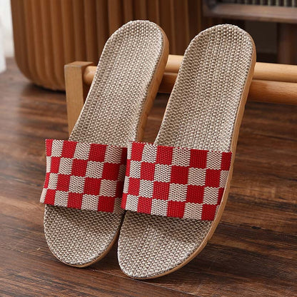 jinran New Checkerboard Linen Slippers Women 2022 Summer Indoor Home Shoes Household Non-slip Couple Four Seasons Men's Sandals Y