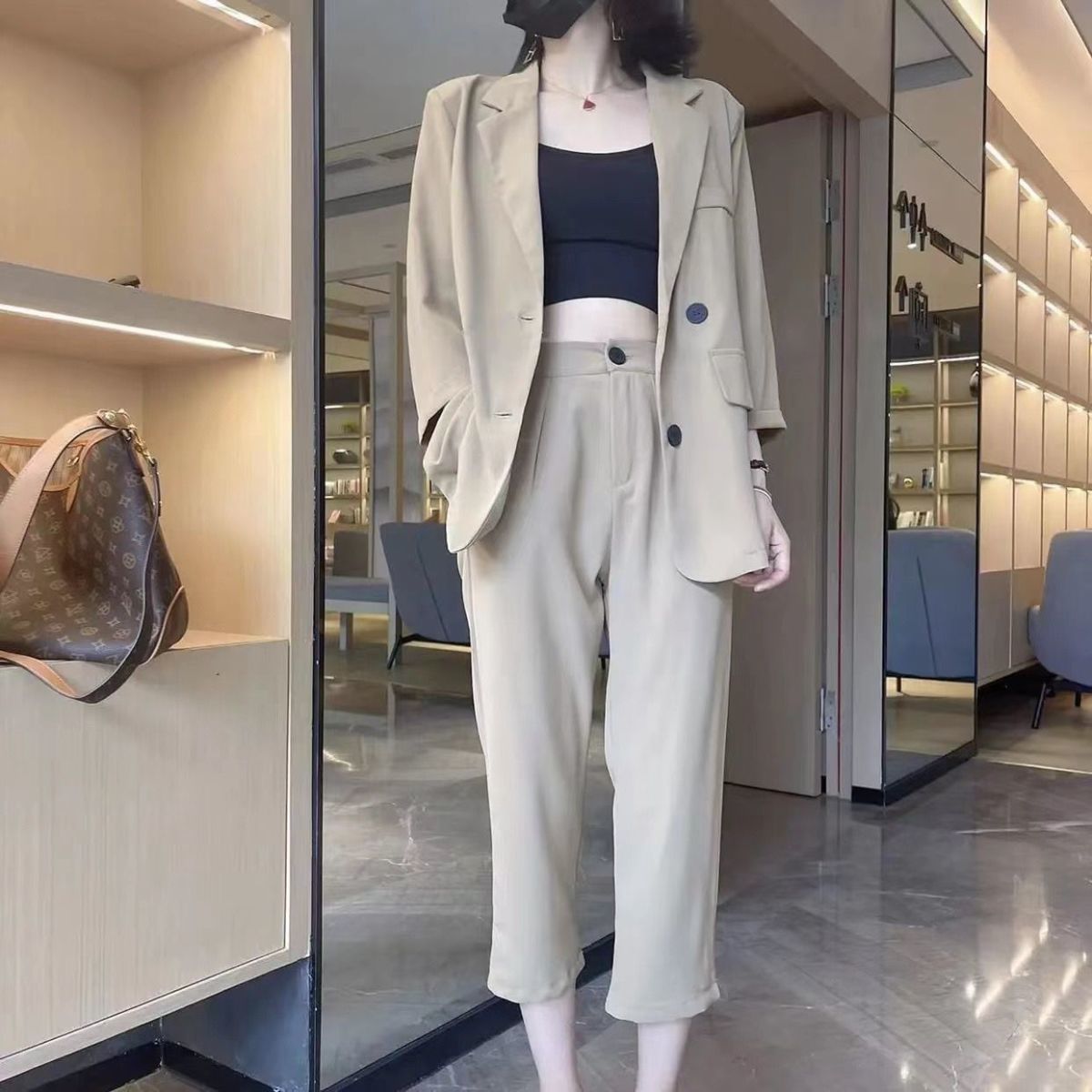 jinran 2022 Summer South Korea Thin Suit Suit Elegant Women Simple Fashion Coat High Waist Straight Tube Capri Pants Two-piece Set