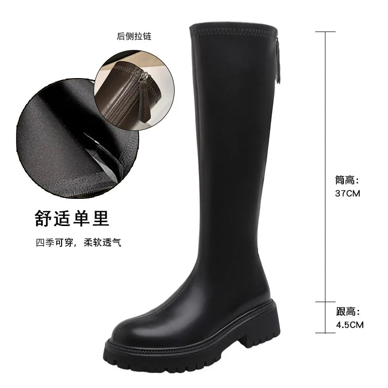 nvxiot  -  Women's Long Boots  Autumn/Winter Thick Sole Round Toe Fashion Versatile Inner Heightening British Brown Knight Boots Women