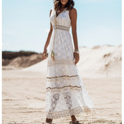 jinran Summer Boho Long Dresses Women Lace V Neck Spaghetti Strap Dress Lady Off Shoulder Beach Sundress White Dress Vestidos De Mujer