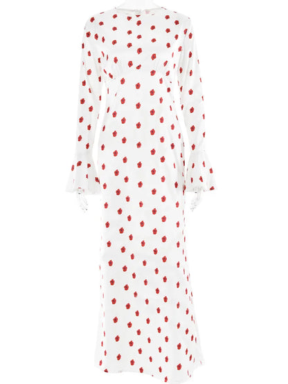 jinran Women's 2024 Autumn O-Neck Long Sleeve Floral Print Satin Bodycon Maxi Dress For Ladies Elegant Slim Evening Dress