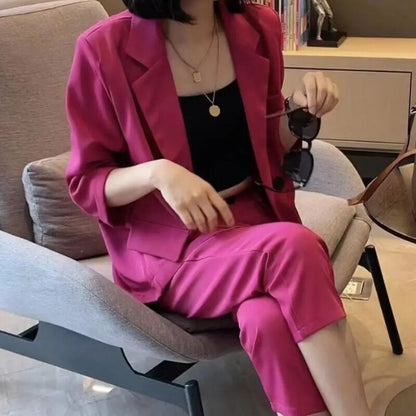 jinran 2022 Summer South Korea Thin Suit Suit Elegant Women Simple Fashion Coat High Waist Straight Tube Capri Pants Two-piece Set