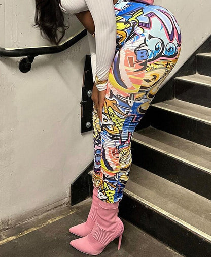 jinran Summer Women Casual Y2K Clothes Tie Dye Print Ruched Side Slit High Waist Pants Graphic Aesthetic Hip Pop Drop Shipping