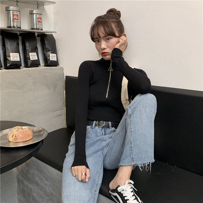 jinran New Fashion Woman Sweaters Women's Outer Wear Black Turtleneck Sweater Autumn Winter Zipper Pullover Slim Fit Sweater Tops