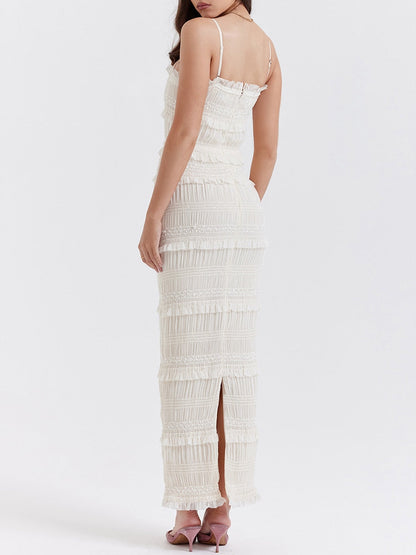 jinran Women Sling Long Dress, Sleeveless Off Shoulder Solid Color Ruffle Party Club Summer Spring Dress