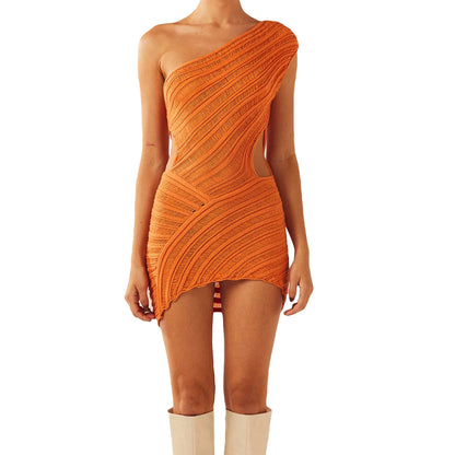 jinran Women Y2K Crochet Knitted Dress One Shouder Hollow Out Backless Bodycon Mini Sweater Dress Cutout Summer Beach Dress Streetwear