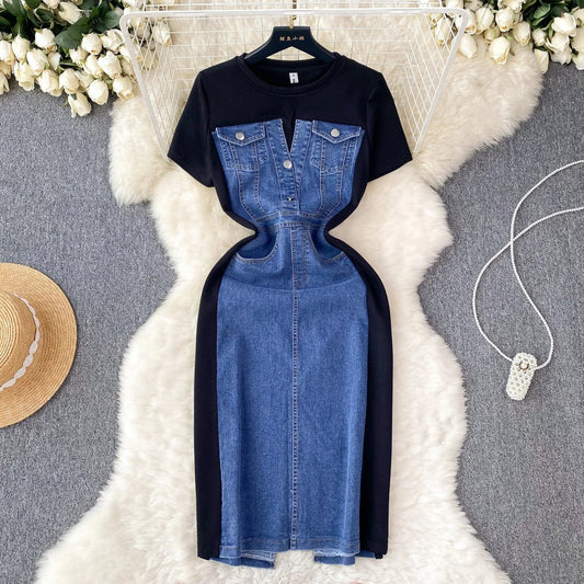 jinran Internet Celebrity New Niche Round Neck Short-sleeved Spliced Denim Dress Women's High-end Waist Fake Two-piece Long Skirt