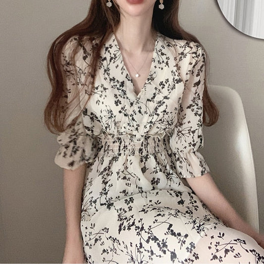 jinran Vintage Korea Fashion Clothing Summer Slim Elastic Waist A Line V Neck Elegant Office Lady Floral Chic Chiffon Long Dress Retro
