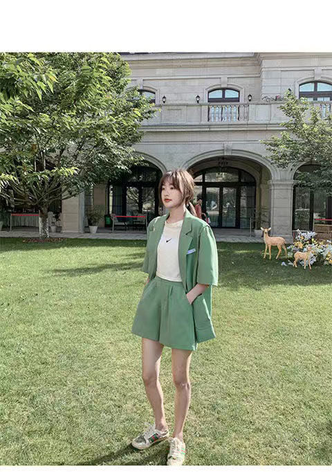 jinran Summer New Loose Casual Elegant Women's Shorts Suit Fruit Green Jacket Shorts Two Piece Set Female Tracksuit Office Leisure Suit