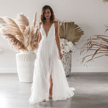 jinran Woman Wedding Maxi Slip Dress Summer Sexy Bridesmaid Banquet White Split V Neck Backless Lace Female Long Elegant Evening Dress