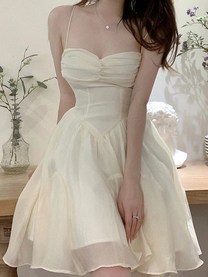 jinran Summer Spaghetti Strap Dress Pleated Backless Corset Dress High Waist Slim Short A-Line Dress Gauze Women's Spring Clothing