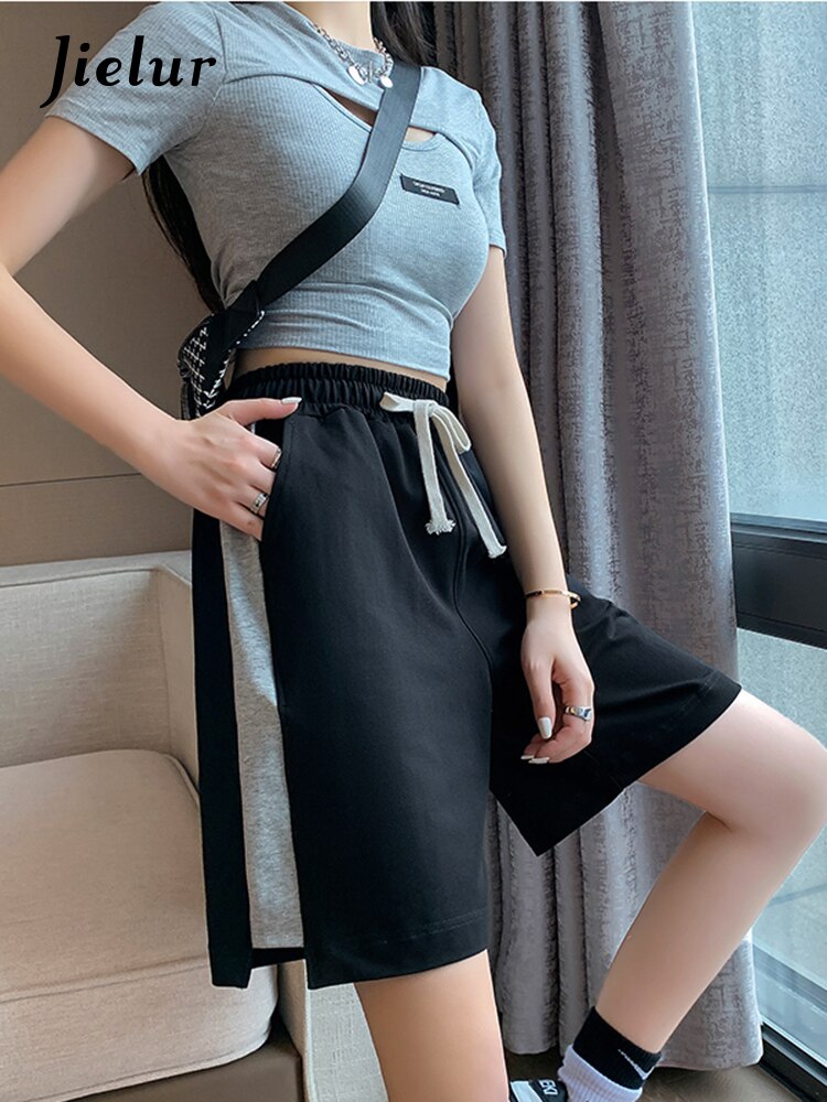 jinran  High Street Women's Shorts Summer Casual Sports Pants Black Light Gray Striped Patchwork Loose Half Pants Woman M-XXL