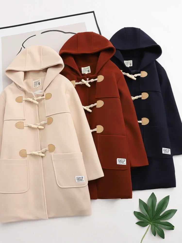 nvxiot  -  Winter Women Wool Blends Coat Straight Long Hooded Coats Jacket  Horn Button  Sleeve Preppy Style Female Warmness Outwears