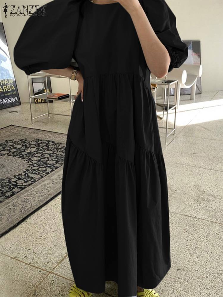 jinran 2022 Summer Half Puff Sleeve Sundress Women Casual O Neck Smocking Vestidos ZANZEA Vintage Loose Solid Kaftan Oversize Club Robe