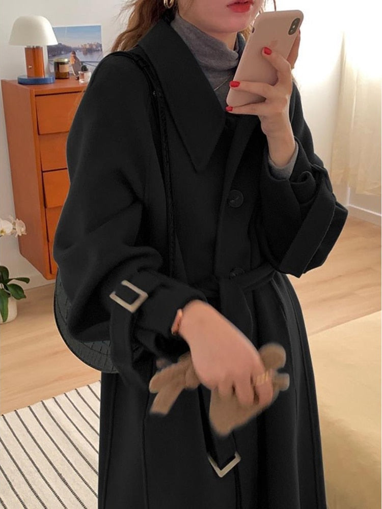 jinran Autumn and Winter New Long Knee Length Woolen Black Coat Woolen Coat Womens Winter Clothing Coats and Jackets Women