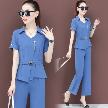 jinran Korean Style Summer Elegant Women's Pants Set Belt Decorative Asymmetric Chiffon Shirt Casual Pants Two-piece Set Tracksut