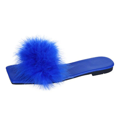 jinran Blue Summer Flat Fur Slipper Women 2024 Soft Bottom Non Slip Slides Shoes Woman Fashion Square Toe Fluffy Slippers