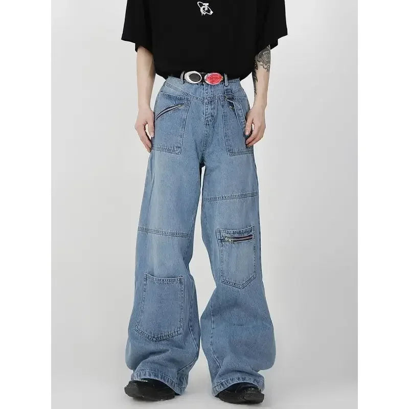 Baggy Cargo Jeans Men Denim Wide Leg Trousers Male Oversize Casual Streetwear Hip Hop Pocket Zipper Safari Style