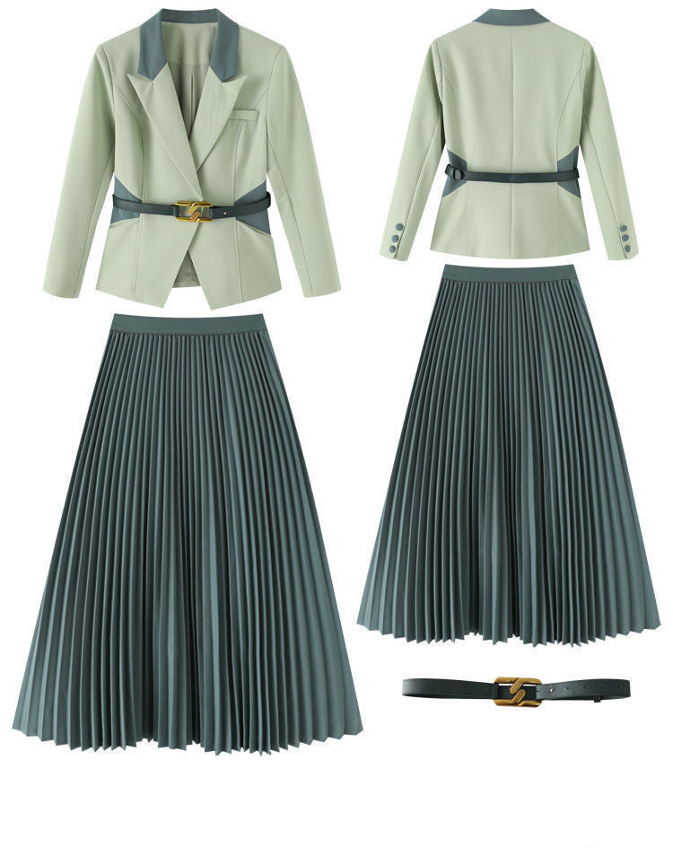 jinran 2022 Spring New Women's Two Pieces Suit Set Office Lady French Graceful Coats+Pleated Skirts Sets with Waistband Green Clothing