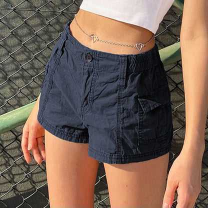 jinran - Women Cargo Shorts Solid Color Vintage Elastic Casual Summer Low Waist Shorts with Pockets for Nightclub Streetwear