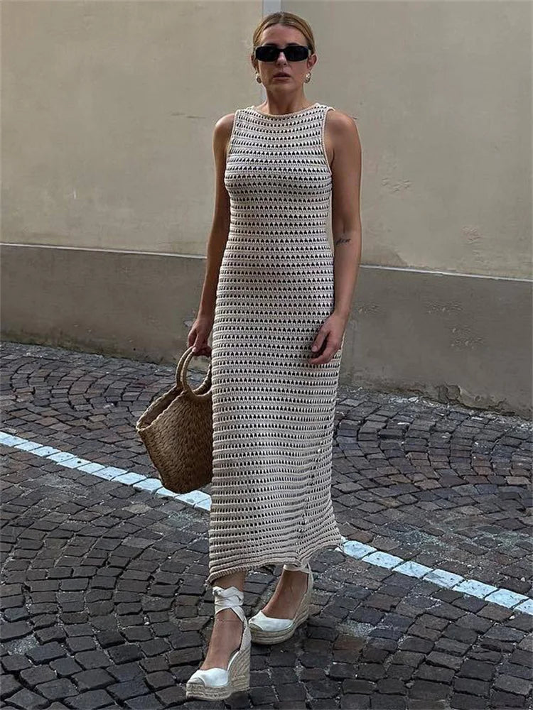 nvxiot  -  Striped See-Through Long Dress Female Elegant Sleeveless High Waist Patchwork Fashion Beach Dress Knit Maxi Dress Summer