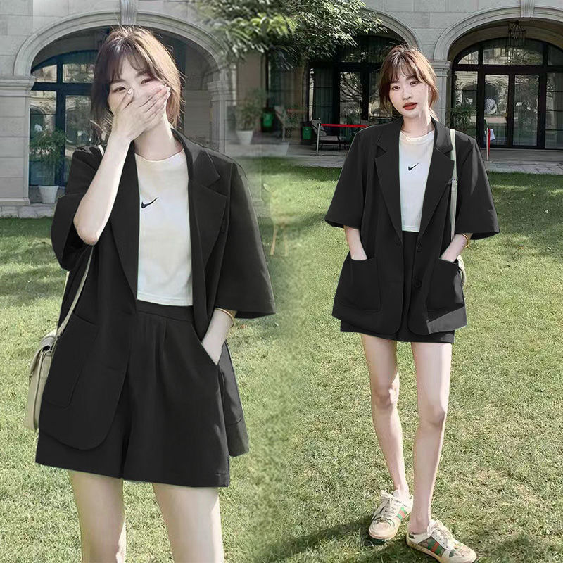 jinran Summer New Loose Casual Elegant Women's Shorts Suit Fruit Green Jacket Shorts Two Piece Set Female Tracksuit Office Leisure Suit