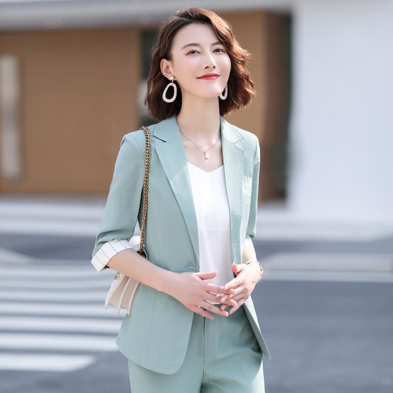 jinran Women's Summer Blazers Pants 2 Piece Set Korean Office Lady Graceful Three Quarter Suit Coat Pencil Trousers Outfits Pink Jacket