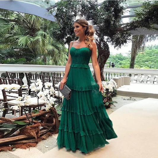 jinran Woman Chiffon Spaghetti Long Dress Fashion Sleeveless Bridesmaid Dress Elegant Pleated Cocktail Evening Party Gowns