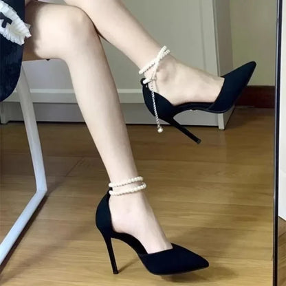 jinran Black High Heels 2024 New Pumps Stiletto Pointed Toe Pearl Anklets High-end Shoes Fashionable Comfortable Women's Shoes