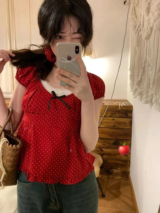 jinran Women Sweet Red Polka Dot Bow Top Tees French Puff sleeve Slim fit Slimming Cropped T-shirts Vintage Summer New Girls Clothes