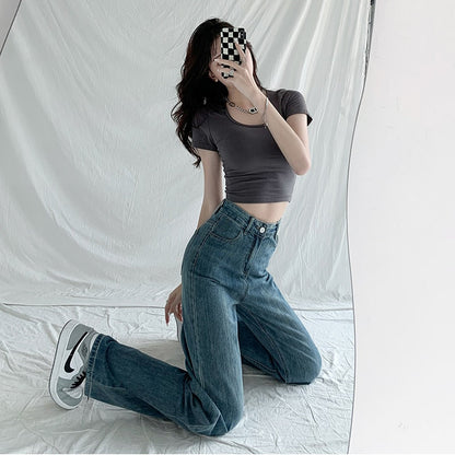 jinran Jeans Women Baggy High Waist Pants 2022 New Fashion Straight Leg Pants Y2k Denim Trousers Vintage Loose Washed Mom Jeans