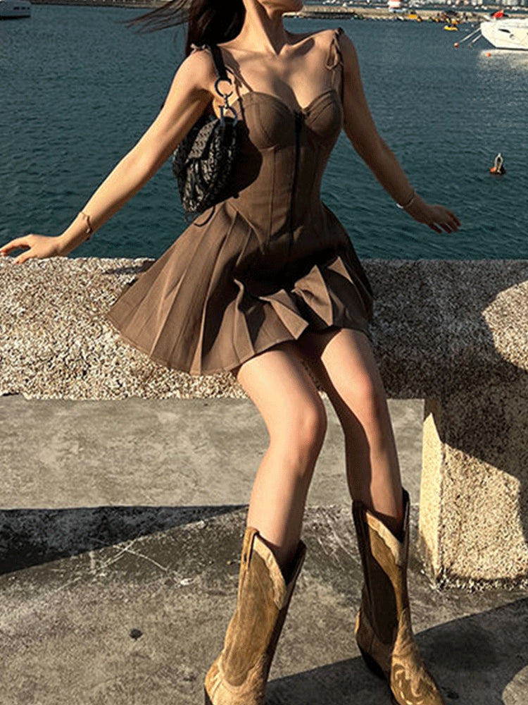 jinran Women A-Line Mini Dress Sexy Spaghetti Strap Bodycon Dress Summer Short Dress Ladies Casual Front Zipper Backless Skinny Dresses