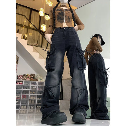 jinran Women's Black Gothic Baggy Sense of Design Cargo Jeans Harajuku Y2k Aesthetic Jeans Pants Vintage Clothes Hip Hop Denim Trousers