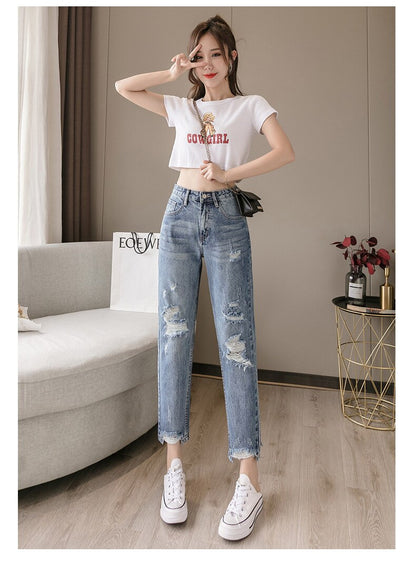 jinran 2022 New Lady Spring And Summer Light Blue Pierced Jeans Women'S Fashion Loose Dad Harlan Trousers High Waist Slim 9-Point Pants