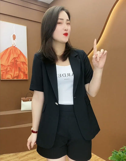 jinran 2022 Summer New Elegant Women's Shorts Suit Casual Short Sleeve Jacket Blazer Shorts Two Piece Set Office Work Suit Coverall