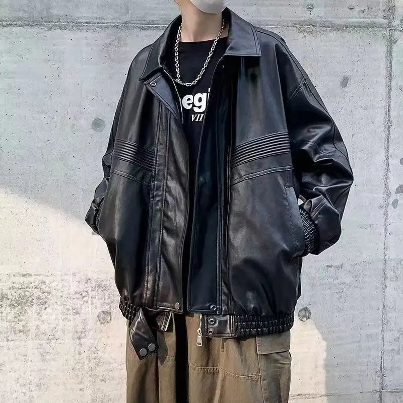 Oversized VIntage Men's Leather Jackets PU Biker Coat Autumn Faux Leather Bomber Jacket 90s Big Pockets Windbreaker Overcoat