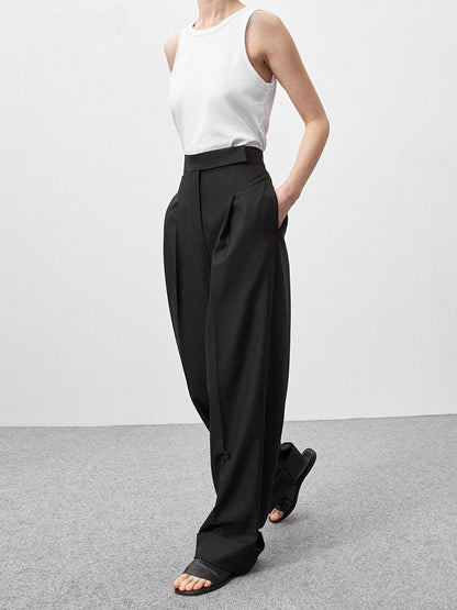 jinran Spring Summer Black Ladies Office Trousers Women High Waist Pants Pockets Female Pleated Wide Leg Pants Solid