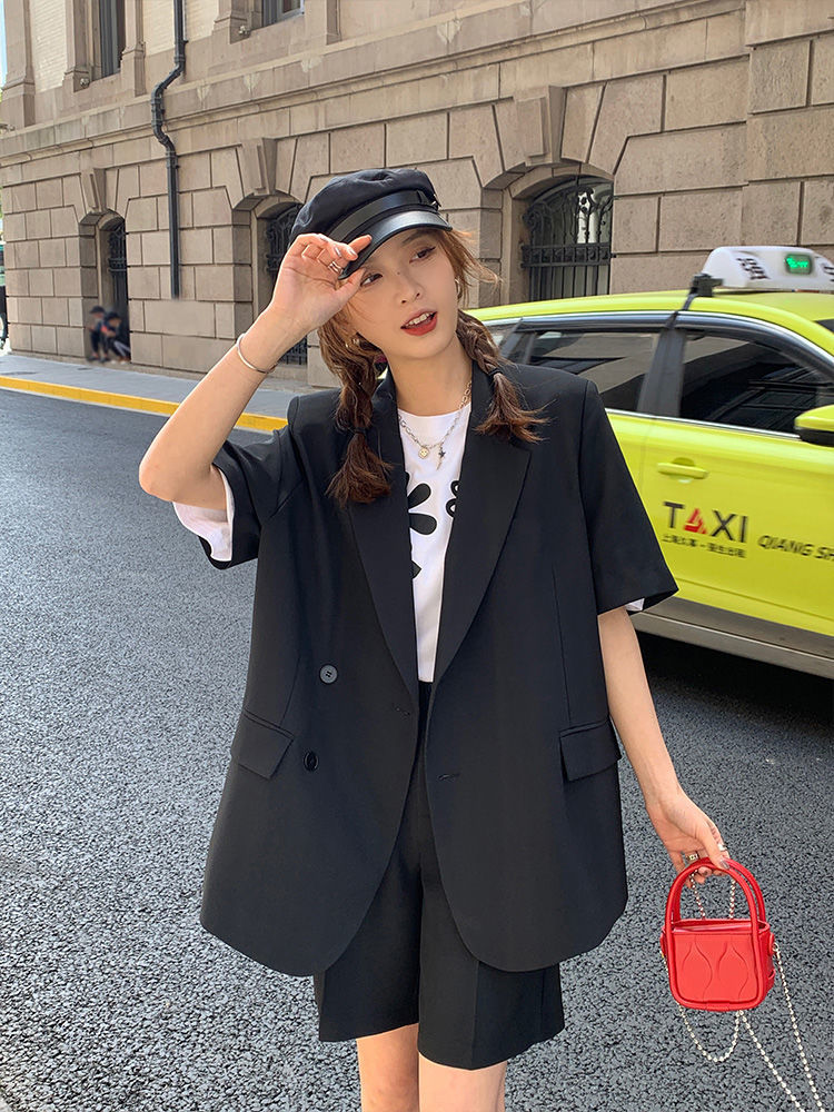 jinran Summer 2022 Thin Casual Loose Short Sleeve Jacket and Shorts Two-piece Elegant Women's Pants Suit Female Office Tracksuit Blazer