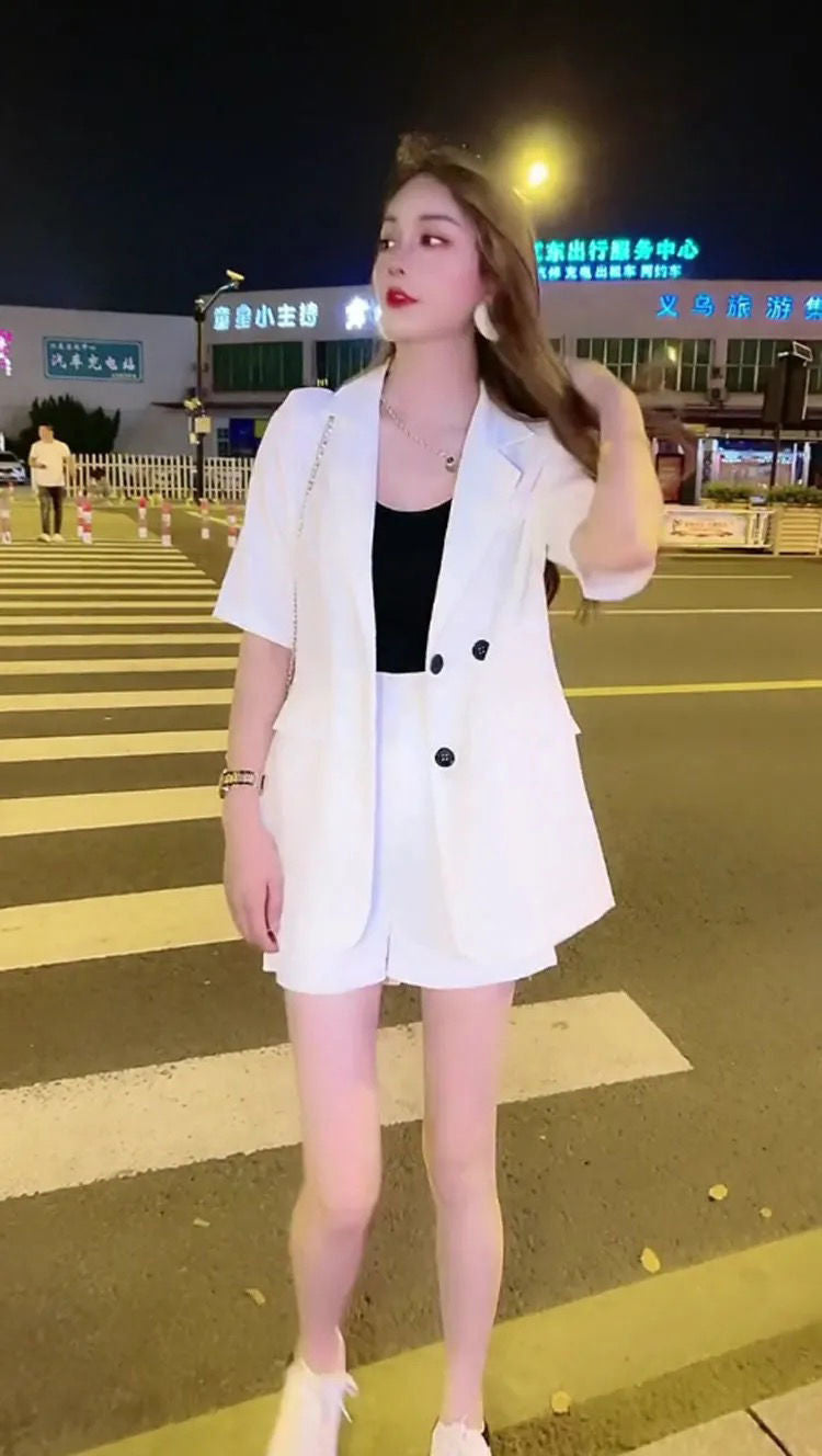 jinran Korean Popular Summer New Elegant Women's Shorts Suit Casual Short Sleeve Jacket Shorts Two Piece Set Female Tracksuit Coat