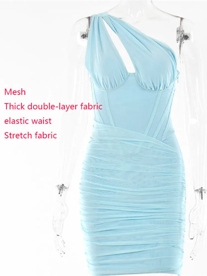jinran Double Layer Mesh Bodycon Mini Dress Women Summer One Shoulder Backless Sexy dresses Sexy Party Ruched Dress Vestidos