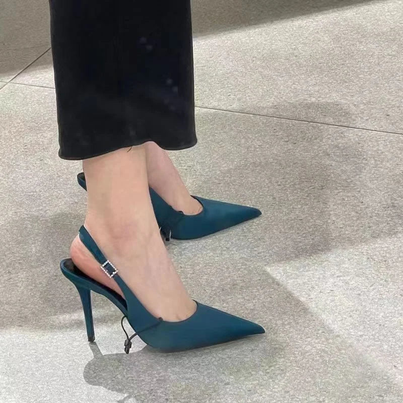 jinran Blue High Heel Shoes for Female Pointed Fashion Sandals Sexy Thin Heels Slip-on Commuter Shoes Shallow Summer  Women's Pumps