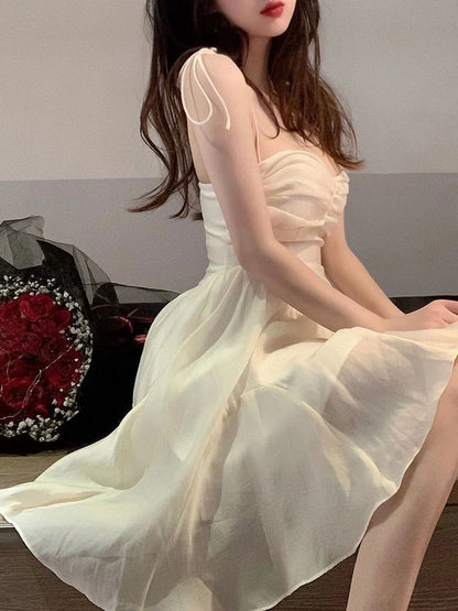 jinran Summer Spaghetti Strap Dress Pleated Backless Corset Dress High Waist Slim Short A-Line Dress Gauze Women's Spring Clothing