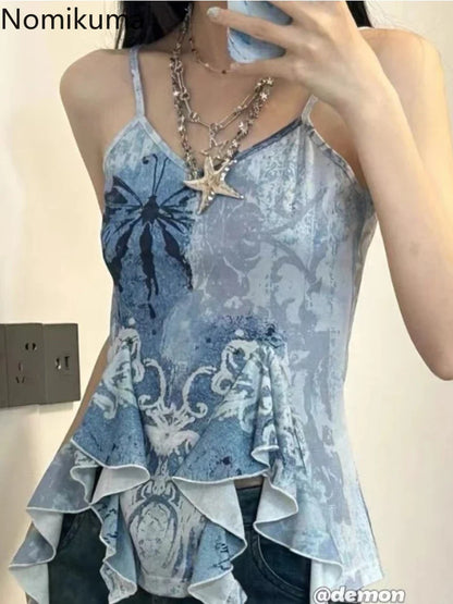 jinran Sexy Crop Tops Women's Clothing Fashion Summer Vest Floral Ruffles Tunic Backless Camis Korean Irregular Y2k Tanks Ropa Mujer