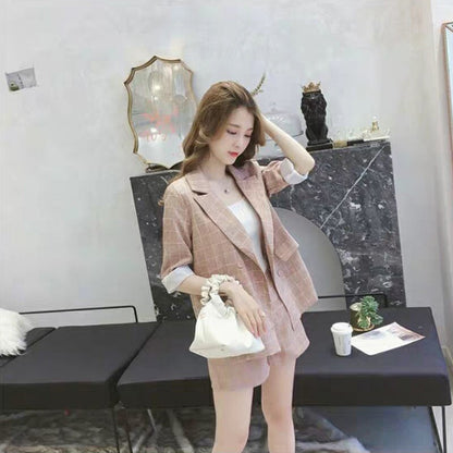 jinran Spring Summer Women Thin Casual Blazer Korean Fashion Graceful Plaid Suit Coat+Short Pants Two Pieces Set Workwear Female