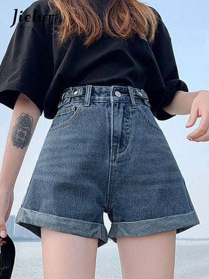 jinran Summer New Women Adjustable Waist Slim Short Jeans Lady High Street Wide Leg Short Pants Female High Waist A-Line Shorts