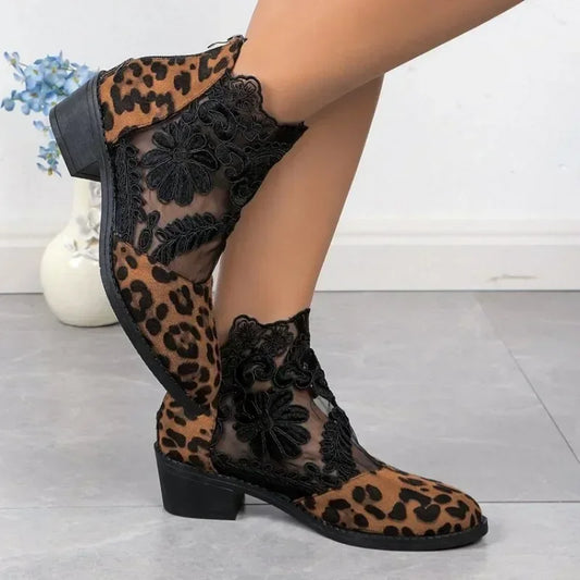 jinran Leopard Mesh New Women's Boots Embroidery Short Boots Retro Elegant Pointed Toed Black Summer Shoes for Women Zapatos