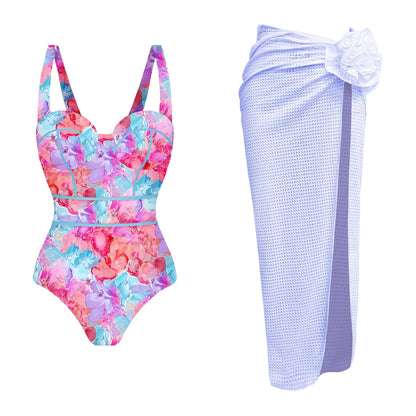 jinran 2024 One Piece Swimsuit Women Swimwear with Beach Skirt V Neck Bathing Suit Flower Beachwear Monokini Swim Summer